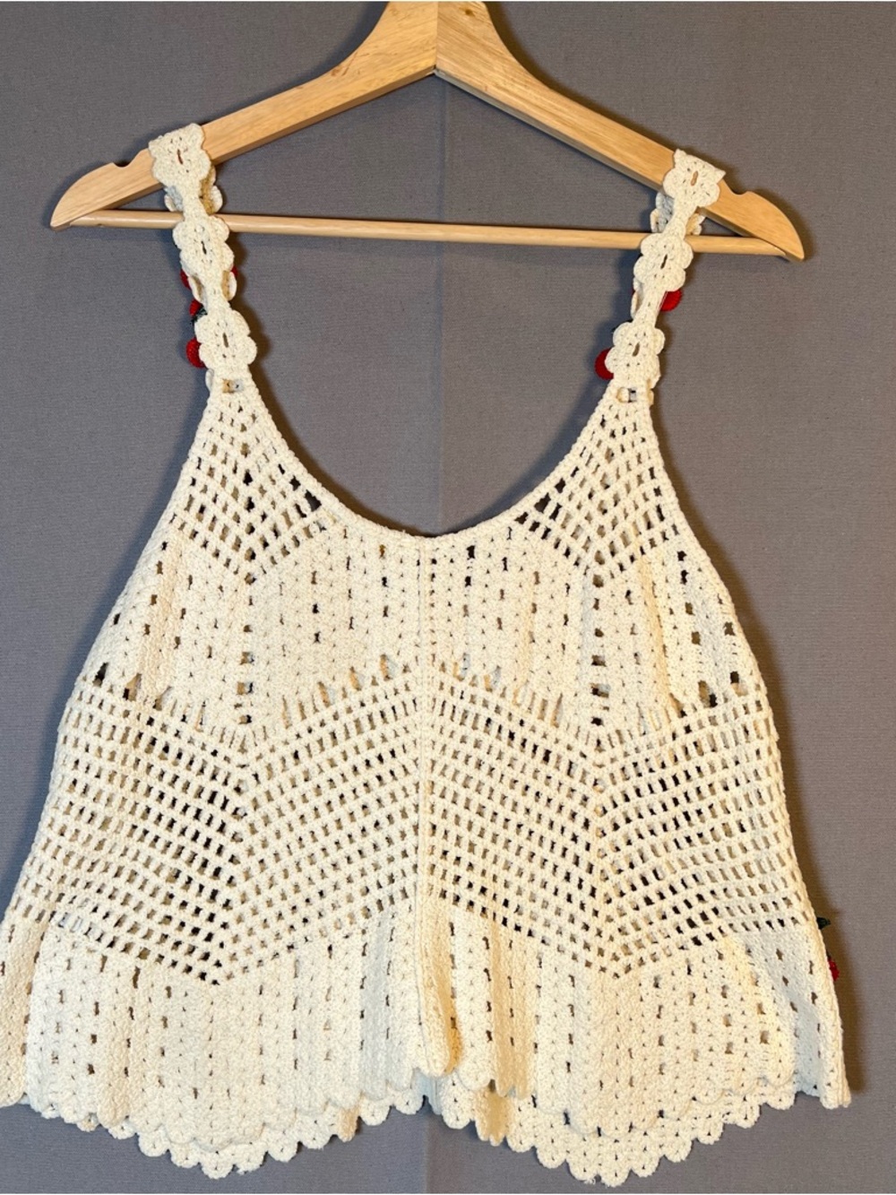 Rebellion Cream Crochet Top with Open Knit & Red Cherries Boho Cottage Country - Picture 4 of 4